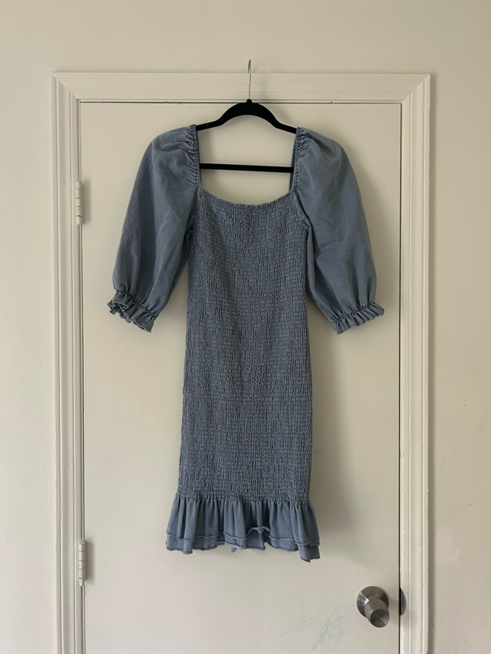 Smocked Puff-Sleeve Mini Dress in Dusty Blue